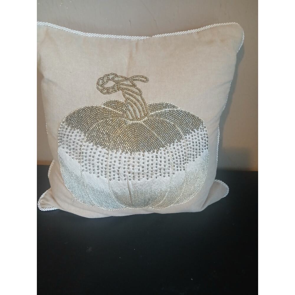 Beaded Pumpkin Throw Pillow Ivory Gold Fall Harvest Decor 14”x14”
